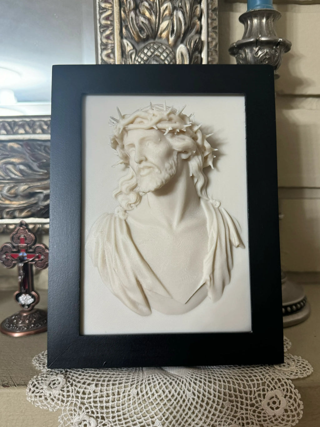 Christ Wearing the Crown of Thorns Framed 3D Ivory-Colored Relief Wall Sculpture Axios Designs