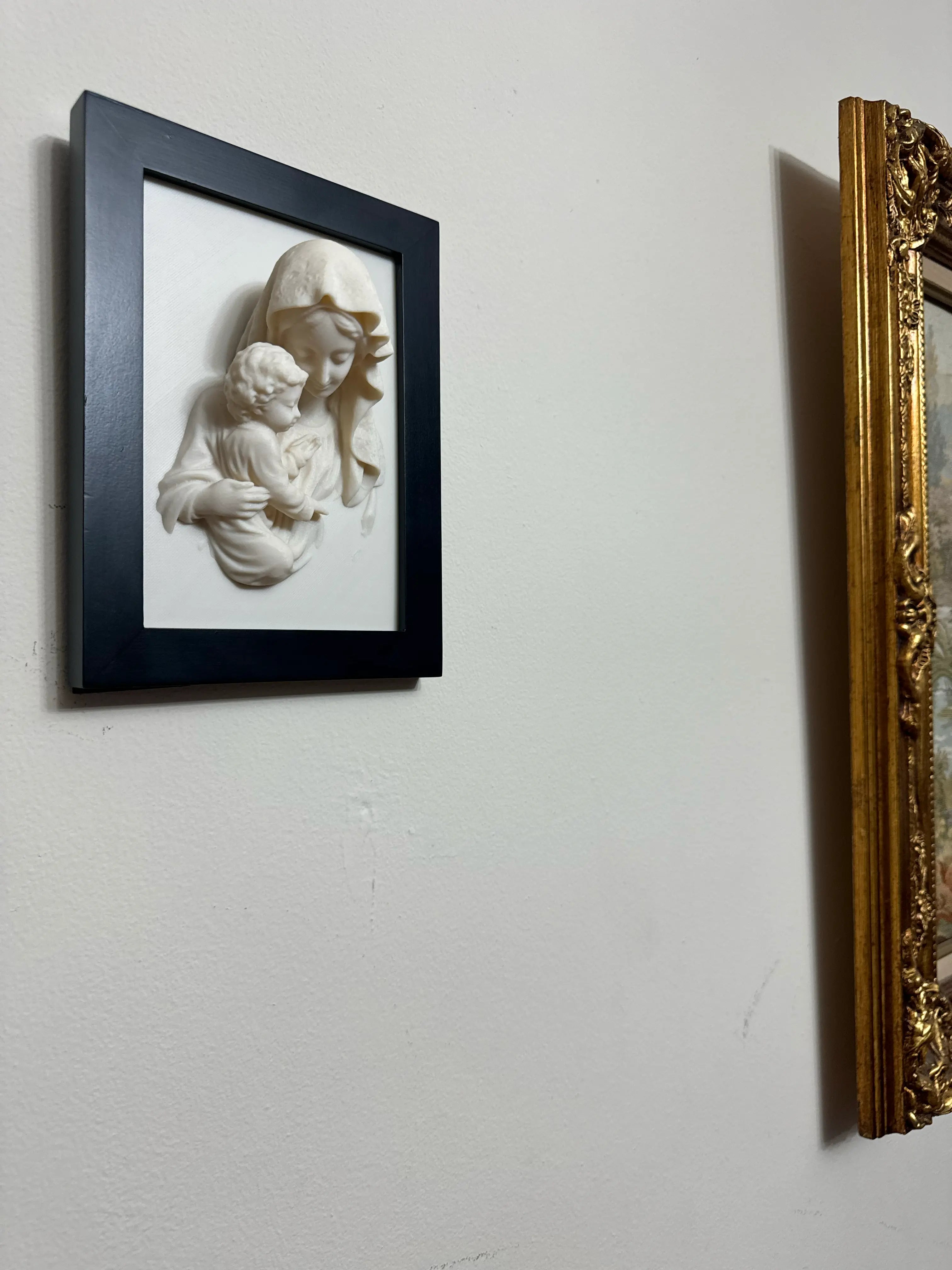 Portrait of Saint Mary holding Christ Framed 3D Ivory-Colored Relief Wall Sculpture Axios Designs