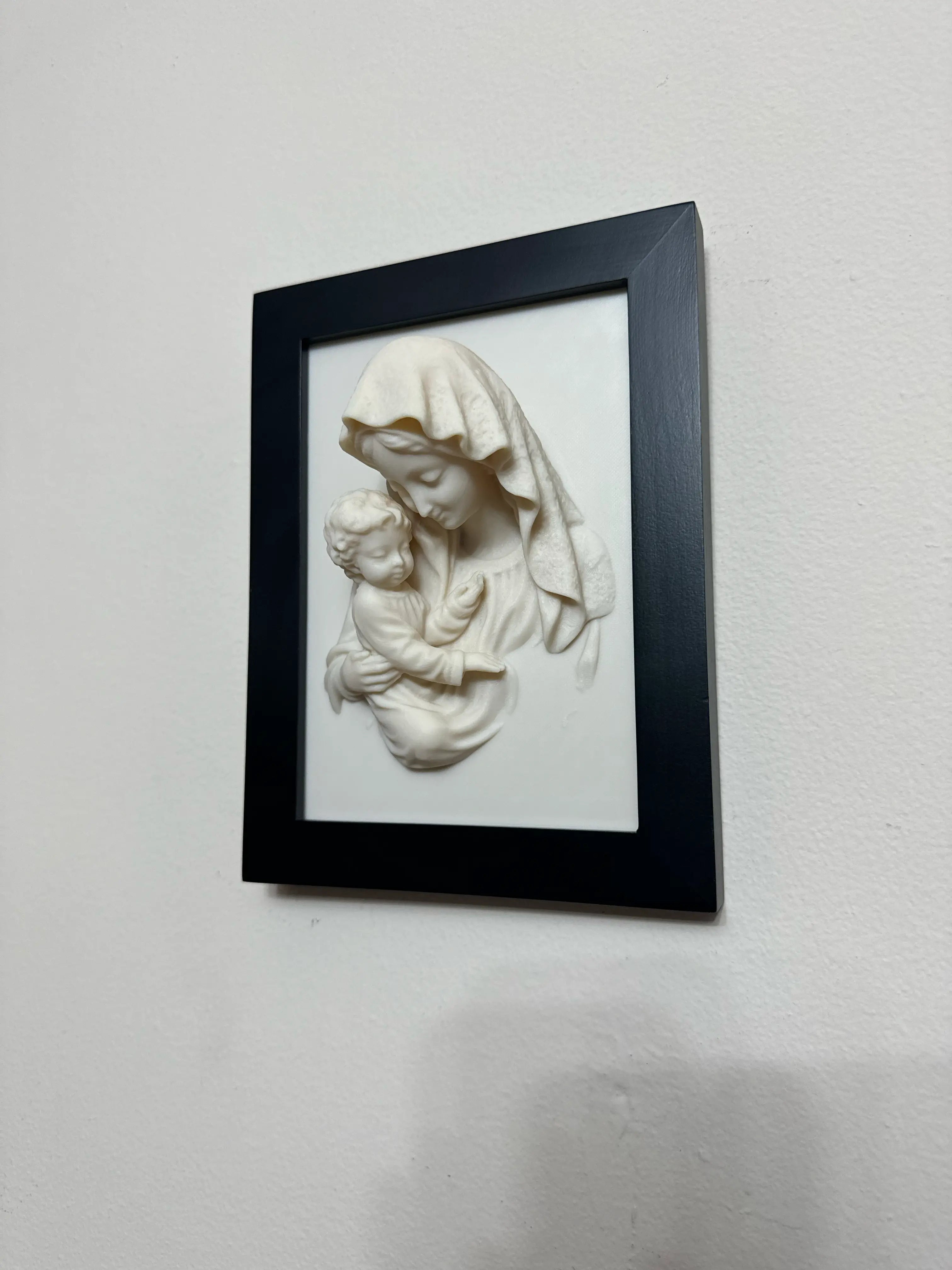 Portrait of Saint Mary holding Christ Framed 3D Ivory-Colored Relief Wall Sculpture Axios Designs