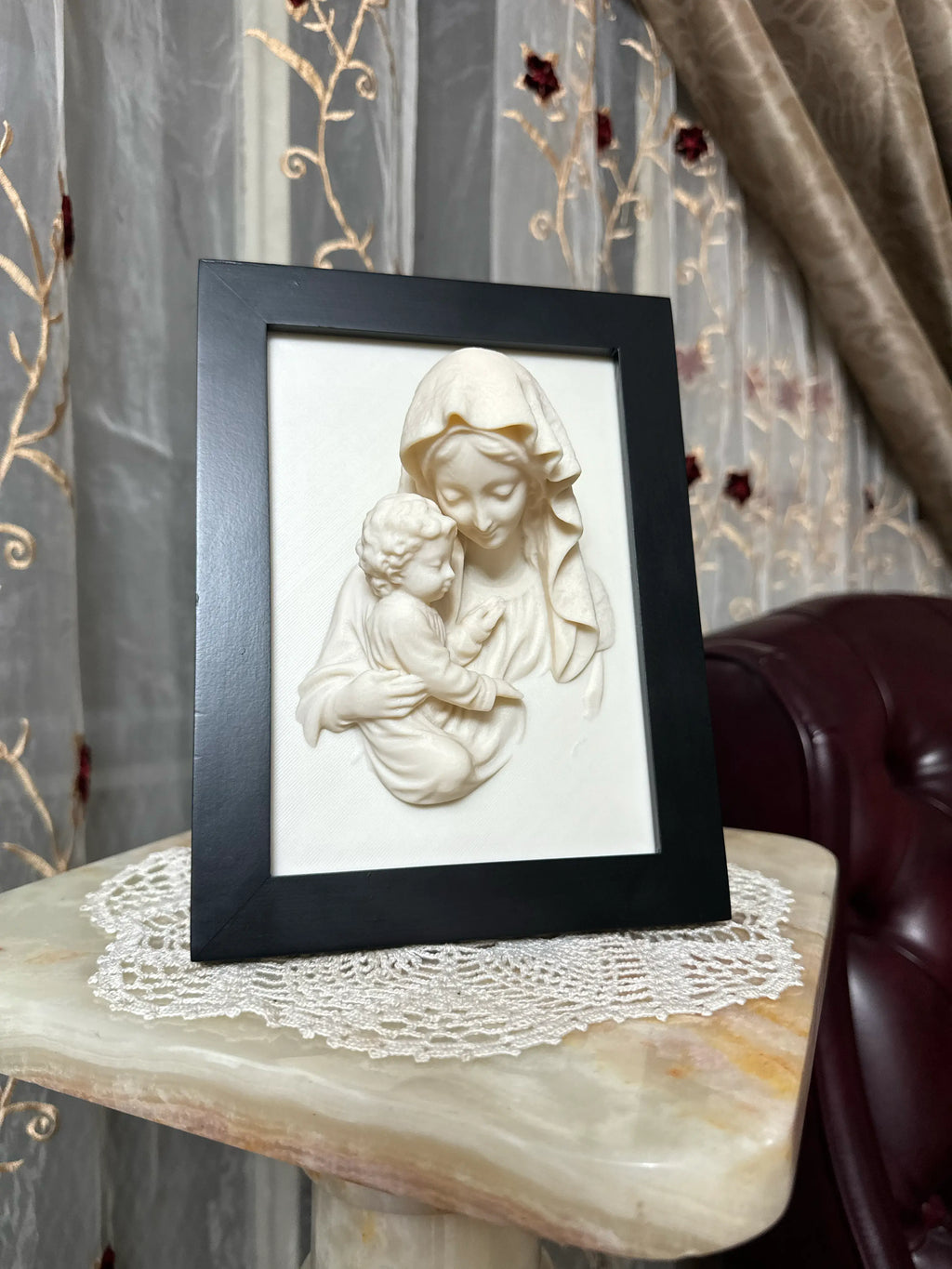 Portrait of Saint Mary holding Christ Framed 3D Ivory-Colored Relief Wall Sculpture Axios Designs