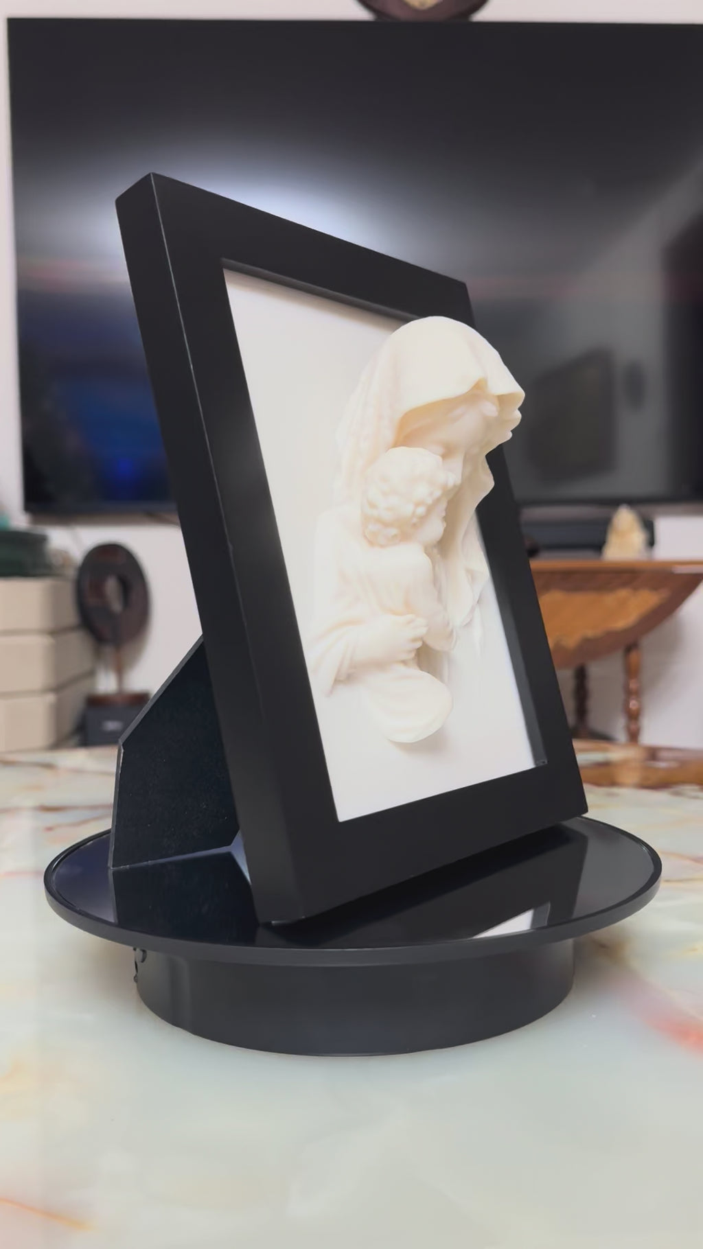 Portrait of Saint Mary holding Christ Framed 3D Ivory-Colored Relief Wall Sculpture