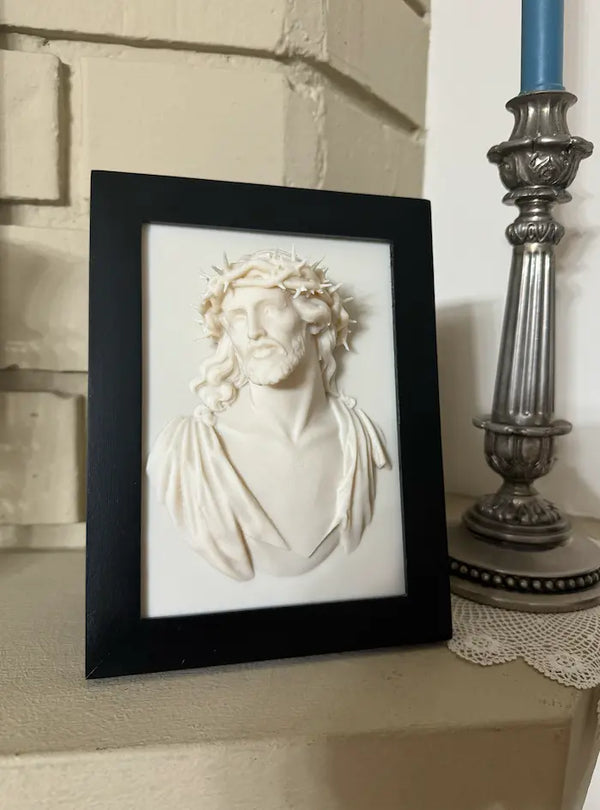 Christ Wearing the Crown of Thorns Framed 3D Ivory-Colored Relief Wall Sculpture Axios Designs